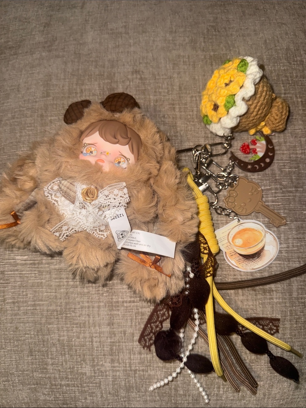 NWT Yomi  Plush Bear Keychain with Yellow Crochet Flower Charm scented